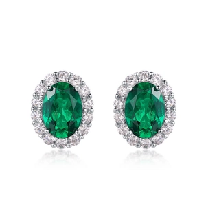Elegant S925 silver stud earrings with oval green emerald gemstone and halo zircon inlay