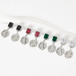 Rectangle gemstone earrings with monstera leaf pendants in four diverse colors