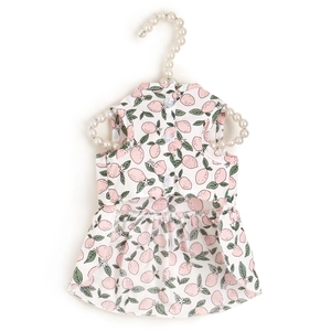 Detail of white pet sundress with pink peach pattern on a pearl clothes hanger