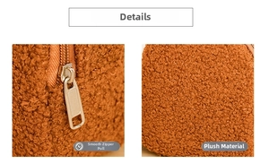 Detail of smooth metal zipper pull and soft plush sherpa texture on kids crossbody bag