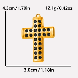 Detailed size and weight dimensions of golden cross pendant with black rhinestones
