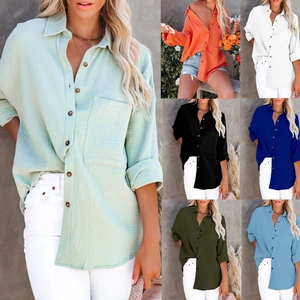 Women Long Sleeve Linen Blend Shirt Casual Loose Button Down Lapel Blouse With Pocket Solid Color