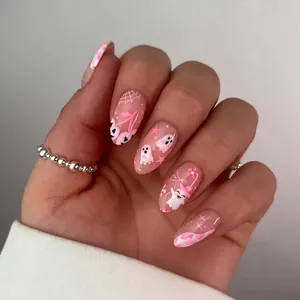 Press On Nails ABS Pink White Halloween Ghost Pattern Almond Shape Sweet Cool Festival Decorative Women