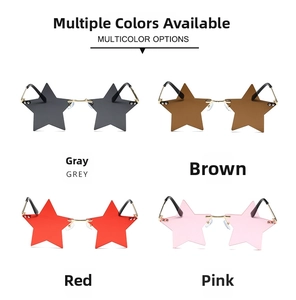 Flat lay of rimless star-shaped sunglasses in grey, tea, red, and pink lens colors