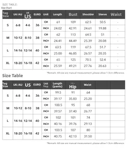 Detailed size chart for women's casual two-piece vacation set with UK US and EU sizes