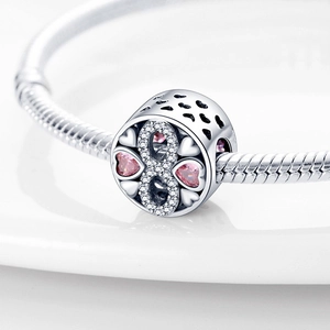 Silver charm bead with pink heart stones and infinity zircon pattern for bracelets
