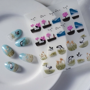 Chinese ink style 5D nail stickers set with crane and mountain motifs TS-085