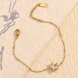 18K Gold Plated Stainless Steel Star Charm Bracelet With White Zircon Bead Chain For Women Minimalist Adjustable Jewelry