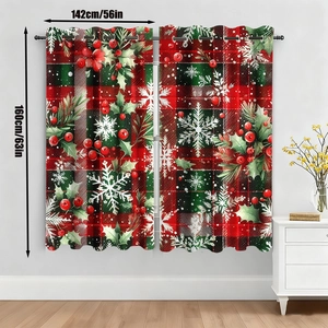 Detail of Christmas plaid curtains with grommet top showing 142x160cm dimensions