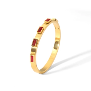 Macro shot of 18K gold-plated stainless steel bracelet with five red rectangular zircons