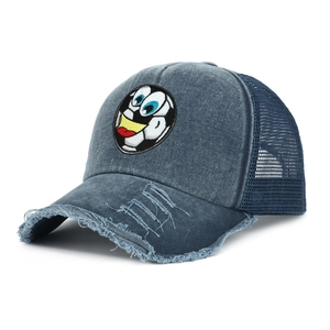 Detail of navy blue washed denim baseball cap with football patch and distressed brim