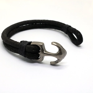 Vintage black leather multi-strand anchor bracelet for men with silver metal clasp