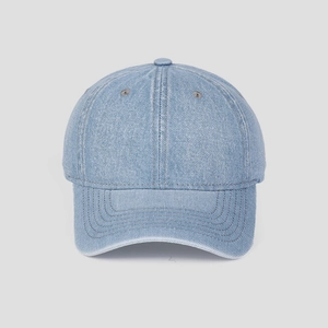 Detailed front view of light blue washed denim baseball cap with six-panel construction
