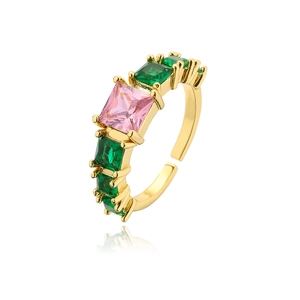 Close-up of 18K gold plated ring with square green and pink cubic zirconia gemstones