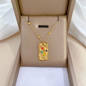 Titanium Steel Pendant Necklace Gold Plated Rectangular Hammered Texture Colorful Gemstones Beaded Satellite Chain Jewelry
