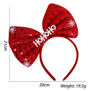 Cerchietto natalizio con fiocco di paillettes rosse e scritta Hohoho, misure 21cm per 20cm