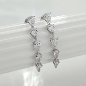 Detail view of silver drop earrings featuring five graduated pear-cut sparkling cubic zirconia