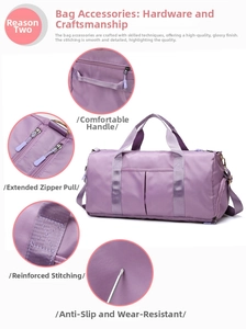 Detail view of purple fitness bag showing reinforced stitching and durable metal zippers