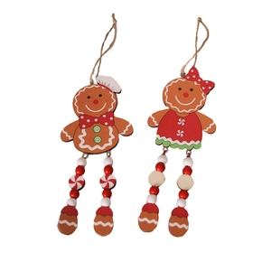 Christmas tree hanging wooden gingerbread man ornaments with beads and hemp rope hooks