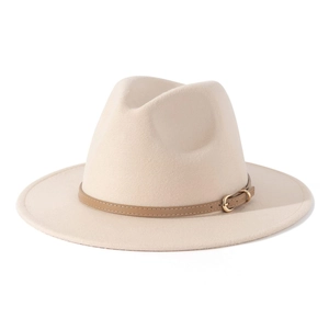 Detail of cream wool fedora hat featuring a brown leather band and gold metal buckle
