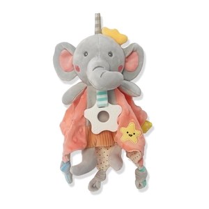 Plush elephant security blanket for babies with pink textured fabric and star-shaped teether