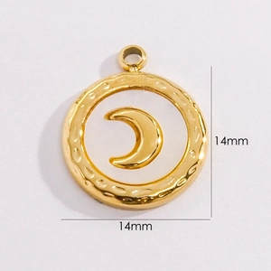 Close-up of a 14mm 14K gold-plated shell pendant with a crescent moon and hammered texture