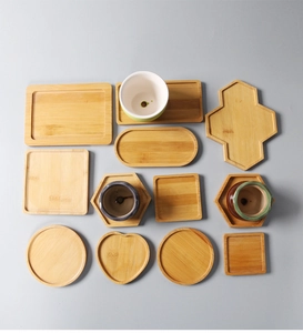 Various geometric bamboo succulent trays shown in square, round, and heart shapes