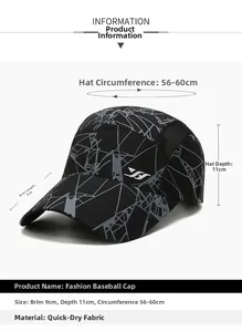 Detail showing quick-dry mesh fabric and size specs of the breathable baseball cap
