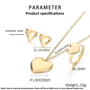 Detailed size specifications of 18K gold plated heart necklace, earrings and ring set