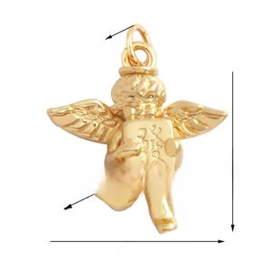 Detailed size view of a golden angel charm holding a plaque with Chinese character for wealth