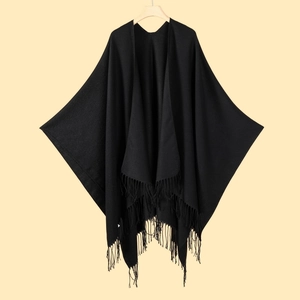 Women Shawl Poncho Scarf Wrap Acrylic Polyester Warm Tassel Trim Open Front Oversized Winter Cape Street Style