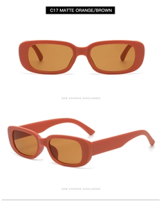 Dual view of matte orange rectangular sunglasses C17 with brown lenses in a sleek design