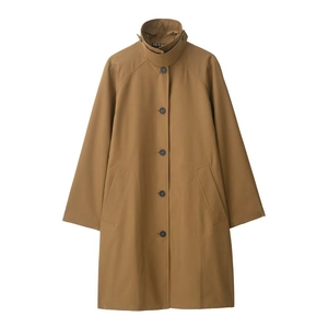Classic tan mid-length trench coat with stand collar and dark round buttons
