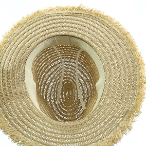 Detail of internal sweatband and adjustable drawstring on wide brim straw hat
