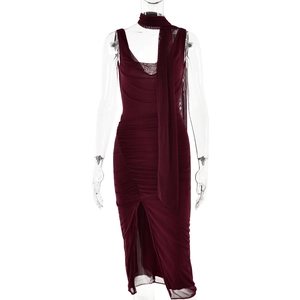 Sexy burgundy mesh dress with cowl neck, side slit and matching long scarf on white background