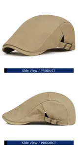 Détail de la casquette plate kaki avec boucle en métal réglable et texture en coton