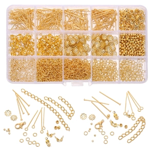 15-grid golden jewelry DIY accessory kit with lobster clasps and jump rings in a plastic box