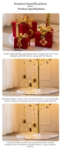 Size chart for Christmas red gift boxes and golden hollow LED tower trees decorations