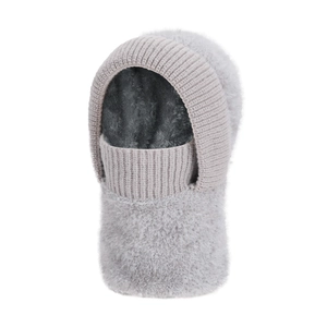 Women's 4-in-1 winter hood scarf set featuring faux rabbit fur and knitted thermal earflaps