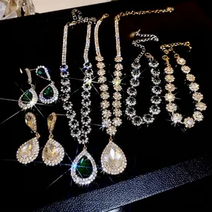 Waterdrop Teardrop Necklace Earrings Bracelet Jewelry Copper Alloy Rhinestone Elegant Accessory For Women Emerald Green White