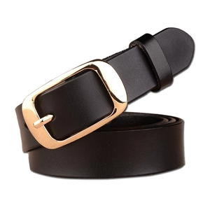 Classic black genuine leather women's belt with a polished golden square buckle on white background