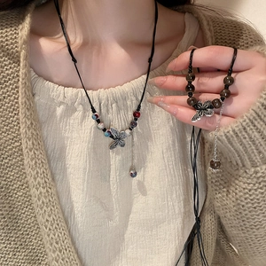 Ethnic beaded multi-layer necklace and bracelet set with silver butterfly pendant