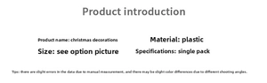 Detailed product specifications for plastic Christmas ornaments with size and material info