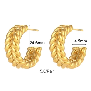 Detail view of gold-tone twisted rope hoop earrings with size 24.6mm by 4.5mm markings