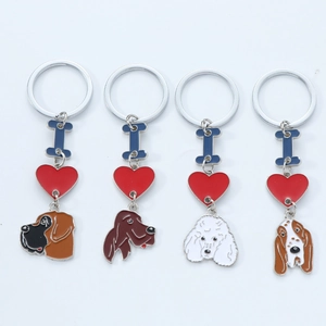 Enamel dog breed keychains with red heart and I letter charms on silver rings