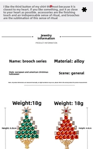 Detail view of alloy Christmas tree brooches with colorful rhinestones and crystals