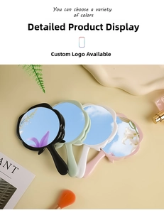 Detailed view of flower-shaped handheld mirrors in black, green, white, and pink finishes