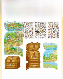 Detail view of fantasy forest themed PET stickers and folding scenery card dimensions