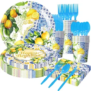 Mediterranean lemon theme birthday party set with blue tile pattern plates and cups