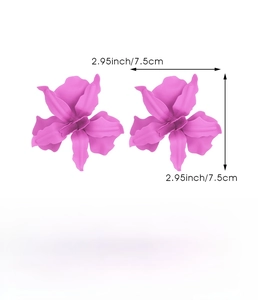 Detailed view of large bright pink 3D floral earrings made of lacquered alloy
